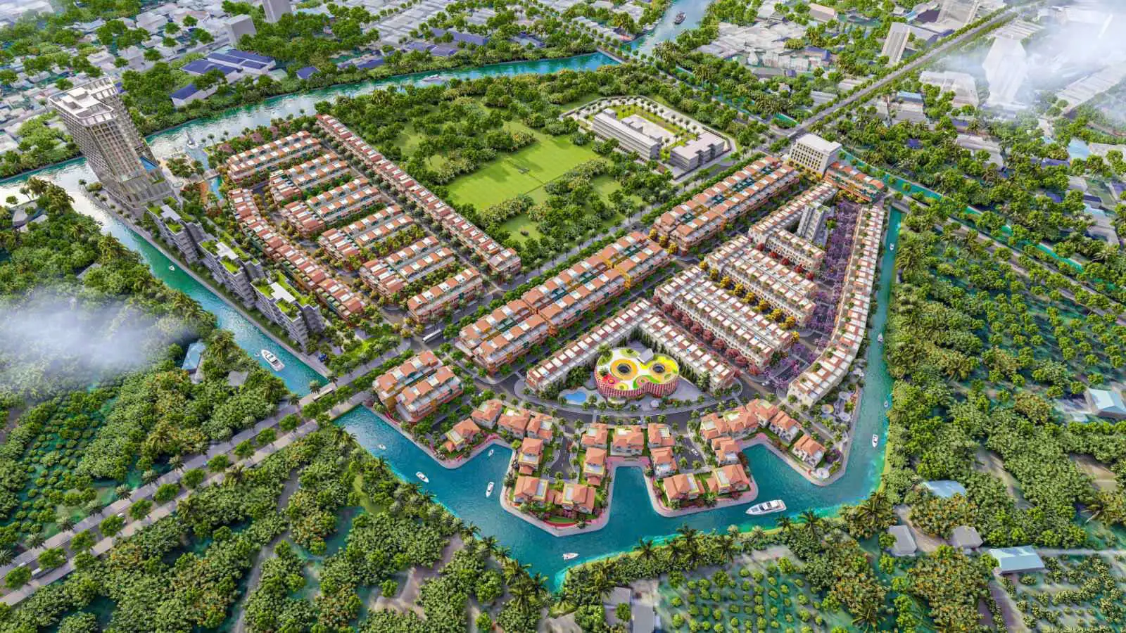 Phối cảnh tổng thể dự án T&T Elite Rivera (T&T Tam Đa) Vĩnh Long ven sông nhìn từ trên cao