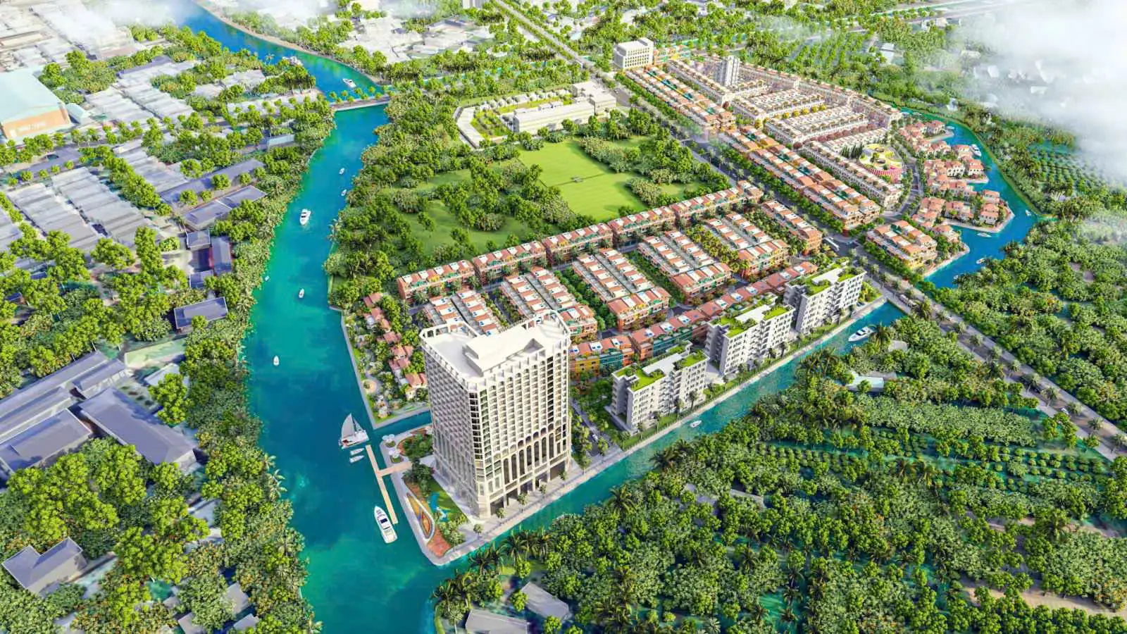 Phối cảnh T&T Elite Rivera Vĩnh Long với khách sạn Hilton Garden Inn ven sông