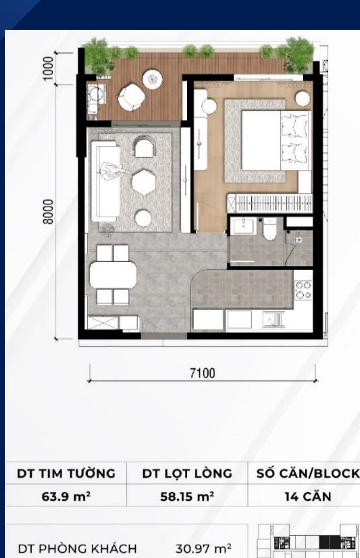 Căn hộ 1 phòng ngủ (63,9 m² tim tường) Stella Icon