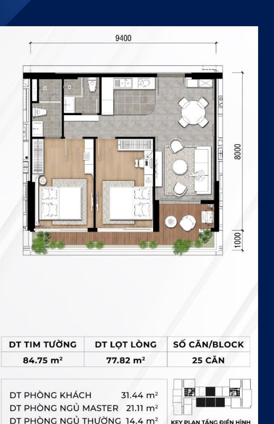 Căn hộ 2 phòng ngủ (84,75 m² tim tường) Stella Icon
